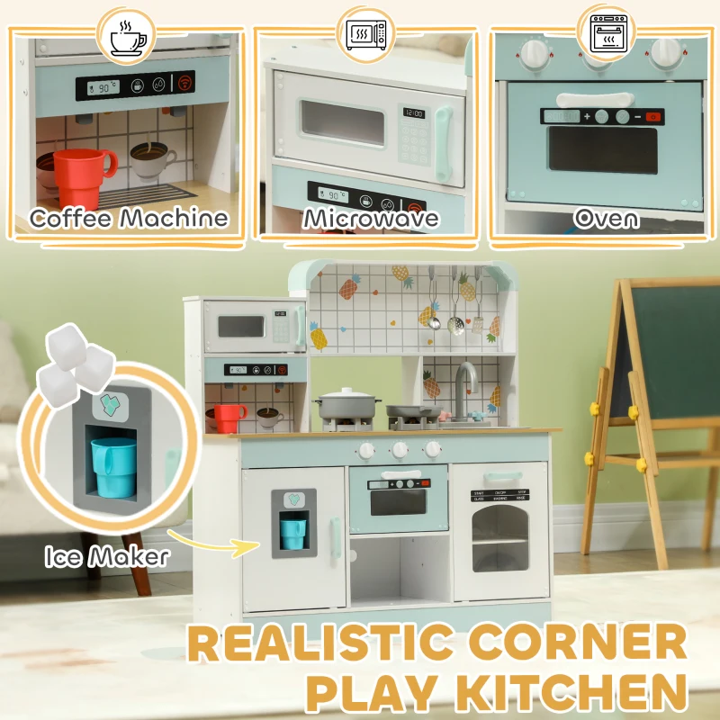 Qaba Play Kitchen, Kids Kitchen Playset with Coffee Machine, Ice Maker, Stove, Microwave, Oven, Sound & Lights