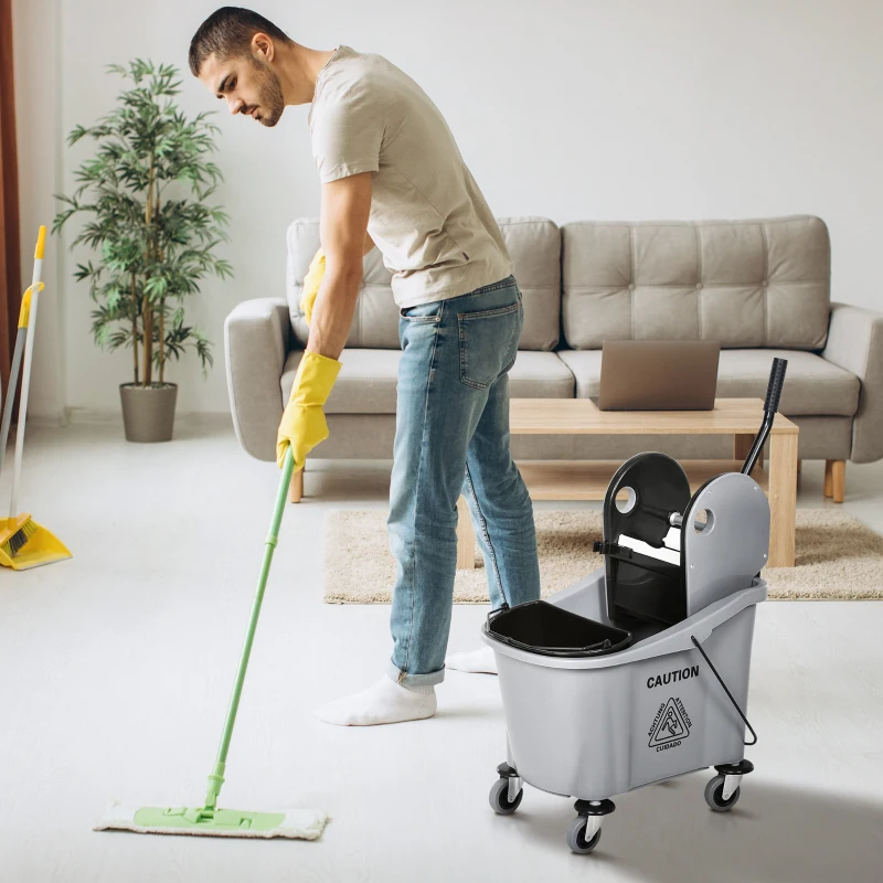 HOMCOM 9.5 Gallon (38 Quart) Mop Bucket with Wringer Cleaning Cart, 4 Moving Wheels, Mop-Handle Holder & 2 Separate Buckets, Gray