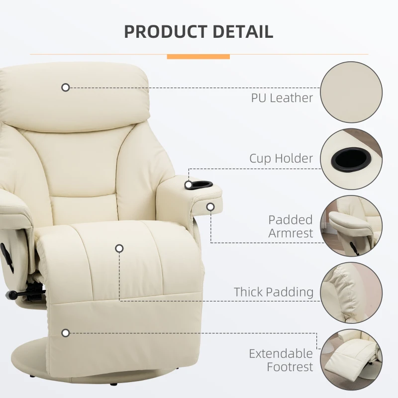 HOMCOM Manual Recliner, Swivel Lounge Armchair with Side Pocket, Footrest and Cup Holder, Cream White