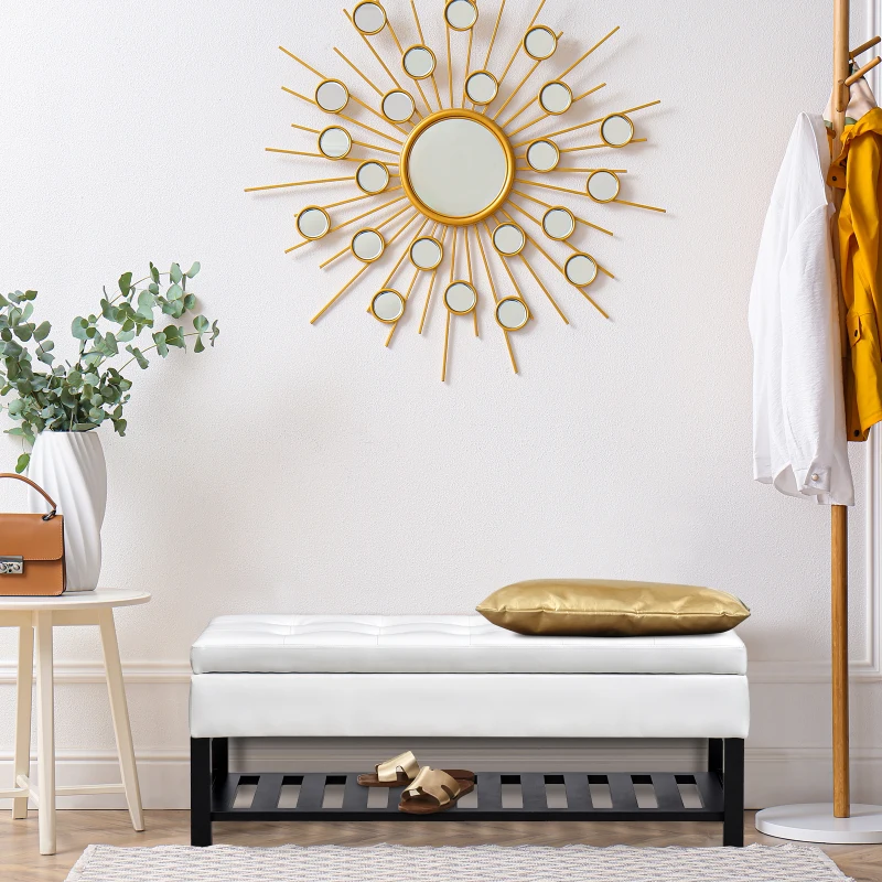 HomCom 44" Tufted Faux Leather Ottoman Storage Bench With Shoe Rack - White