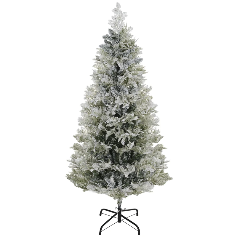 HOMCOM 5 Feet Pencil Snow Flocked Artificial Christmas Tree with 517 Realistic Cypress Branches, Auto Open, Green