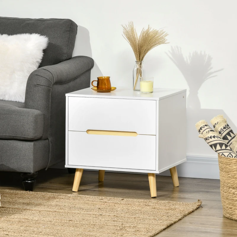 HOMCOM Nightstand, Bedside Table with 2 Drawers, Modern Side End Table with Solid Wood Legs for Bedroom, White