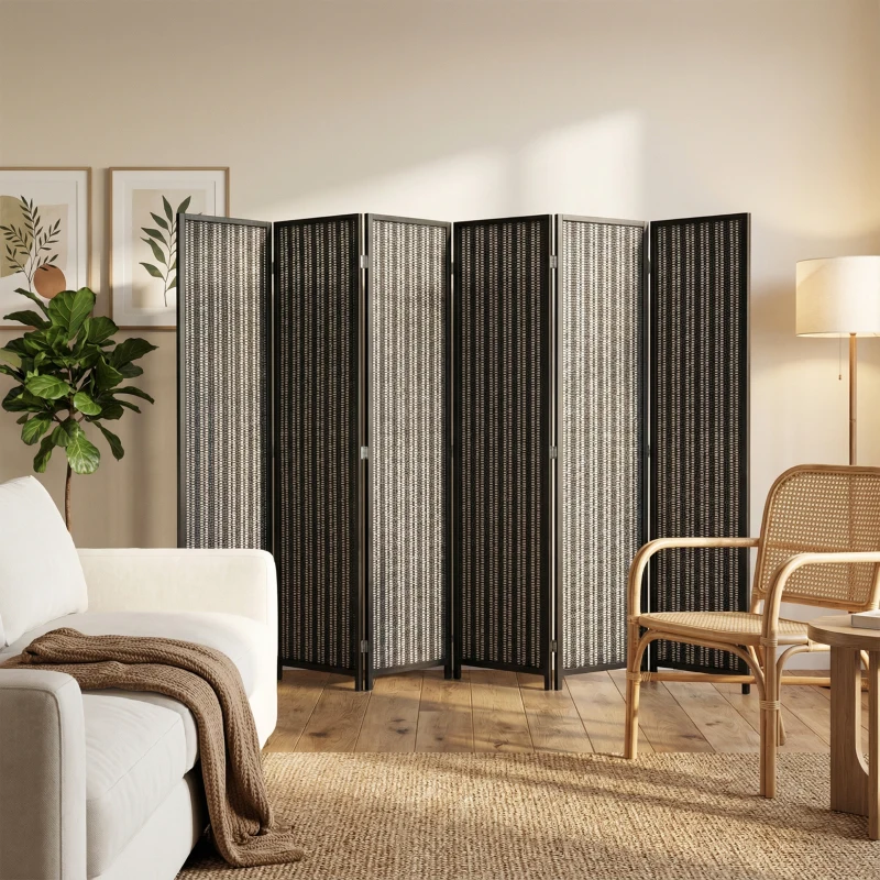 HOMCOM Folding Privacy Screen, 6 Panel Room Divider, Freestanding Partition with Handwoven Bamboo and Pine Wood Frame, Black