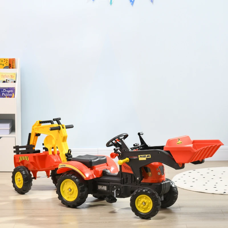 Aosom 3 in1 Kids Ride On Bulldozer Excavator Toy with 6 Wheels Controllable Cargo Trailer Easy Pedal Controls for 3-6 Years