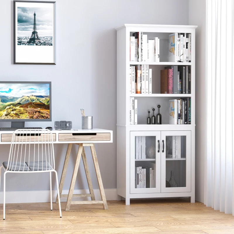 HOMCOM 71" Bookcase Storage Hutch Cabinet with Adjustable Shelves and Glass Doors for Home Office, Kitchen, Living Room, White
