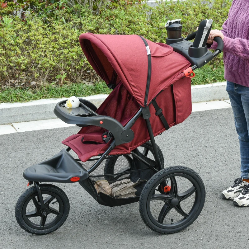Qaba Baby Stroller Foldable Carriage for Toddler with Adjustable Backrest and Canopy Suspension System Rubber Tire 5-Point Harness Cup Holder Storage Basket Red