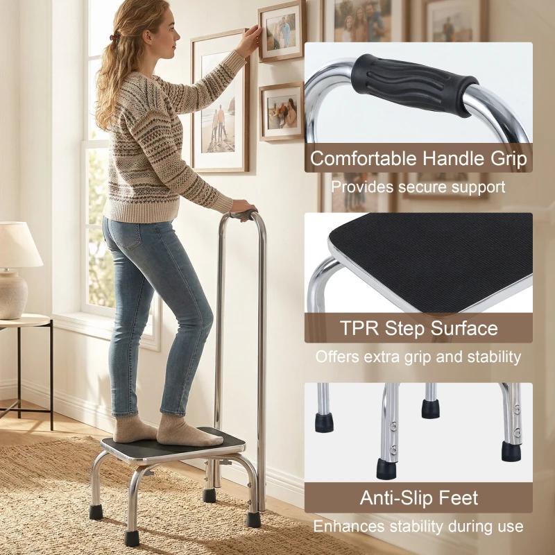 HOMCOM Step Stool with Handle for Adults and Seniors, Heavy Duty Metal Foot Step Stool for Elderly, Portable Stool with Anti-slip Design