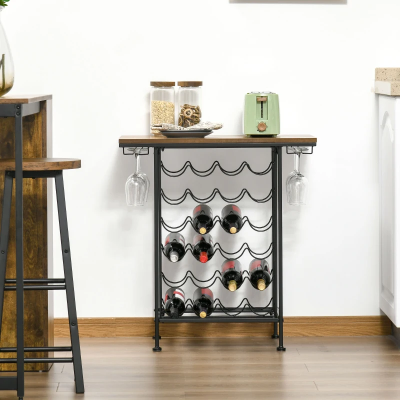 HOMCOM 24-Bottle Industrial Modern Wine Rack Table, Freestanding 6 Tier Wine Bottle Organizer with Glass Stemware Holder , Natural / Black