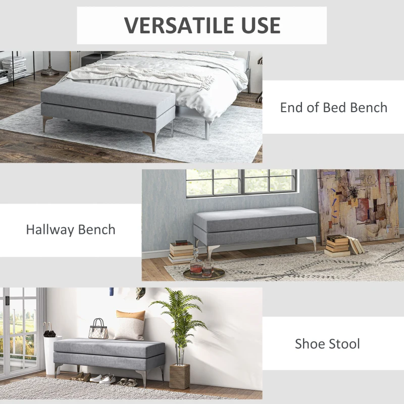 HOMCOM 48 Inches Upholstered Bedroom Bench, Modern End of Bed Bench with Double Layer Seat Cushions and Steel Legs, Light Gray