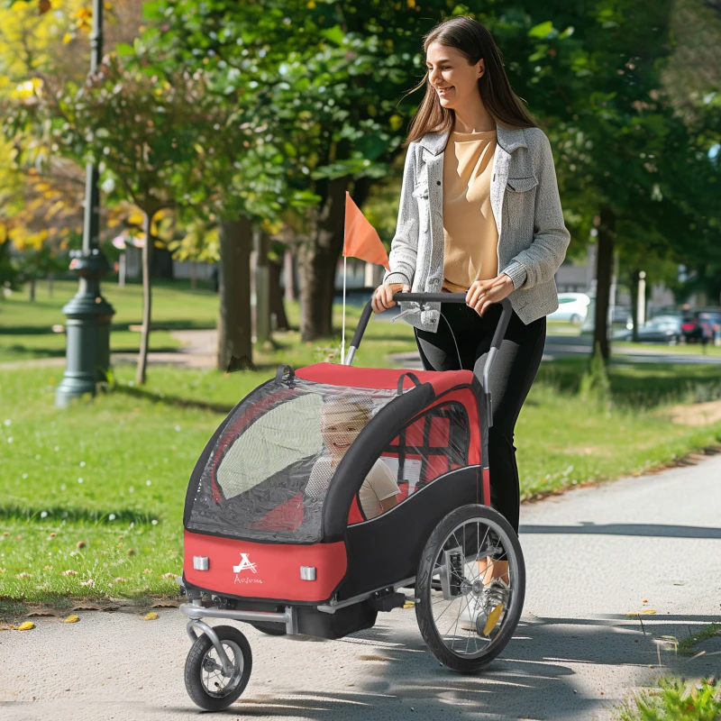 Aosom 2-in-1 Bike Trailer for Kids, Foldable 2-Seat Baby Stroller with 5-Point Harness, Rubber Wheels, Storage Bag, Red