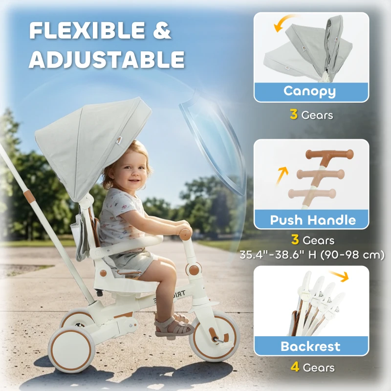 Qaba 7 in 1 Toddler Tricycle w/ Safety Harness, Adjustable & Removable Parent Handle, Canopy, Storage Bag, Brake, Cream White