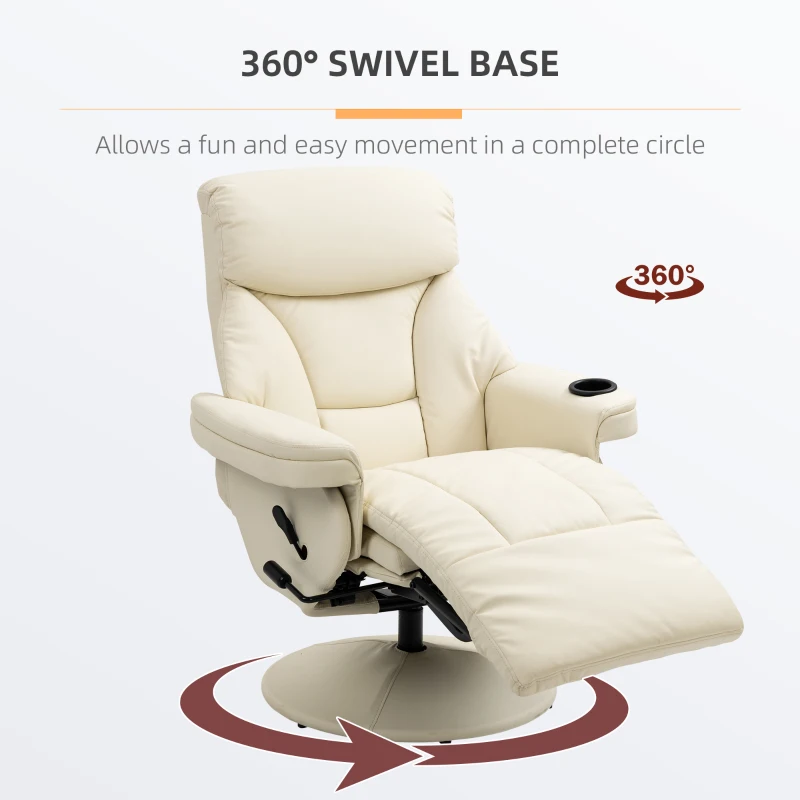 HOMCOM Manual Recliner, Swivel Lounge Armchair with Side Pocket, Footrest and Cup Holder, Cream White