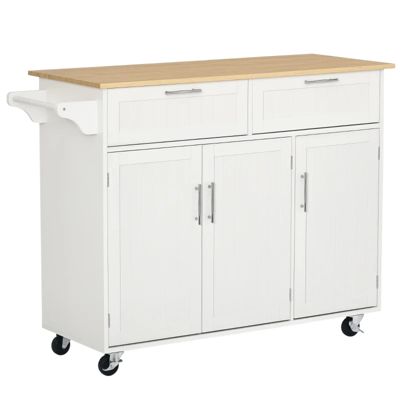 HOMCOM 48" Kitchen Island with Storage and Solid Wood Top, Rolling Kitchen Cart on Wheels with 2 Storage Drawers, 3 Doors and Towel Rack for Dining Room, White