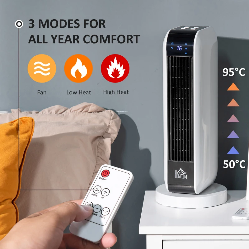 HOMCOM 1500W Ceramic Space Heater, 2-In-1 Oscillating Portable Heater with Three Heating Modes(High, Low, Fan), Timer, Remote Control, for Indoor Use, White