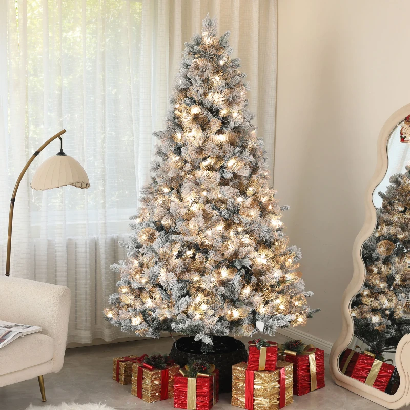 HOMCOM 7.5 ft Prelit Flocked Artificial Christmas Tree with 500 Clear Lights, 1530 Tips, Metal Stand for Home Office Holiday