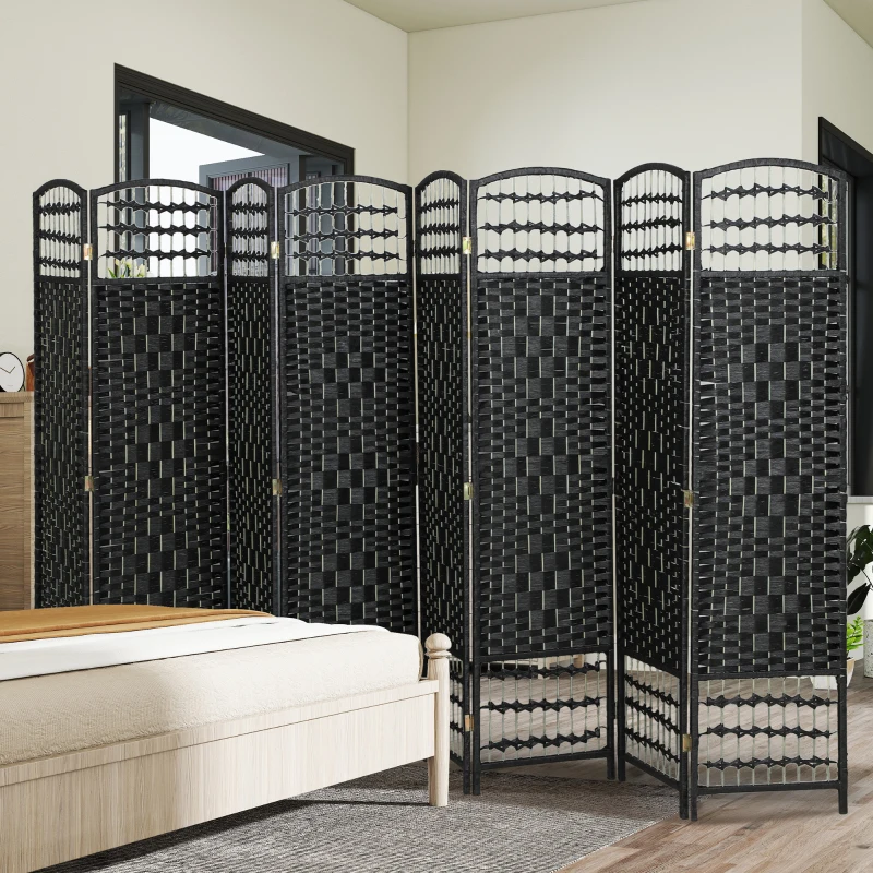 HOMCOM 8 Panel Folding Room Divider Portable Privacy Screen Wave Fiber Room Partition for Home Office Black