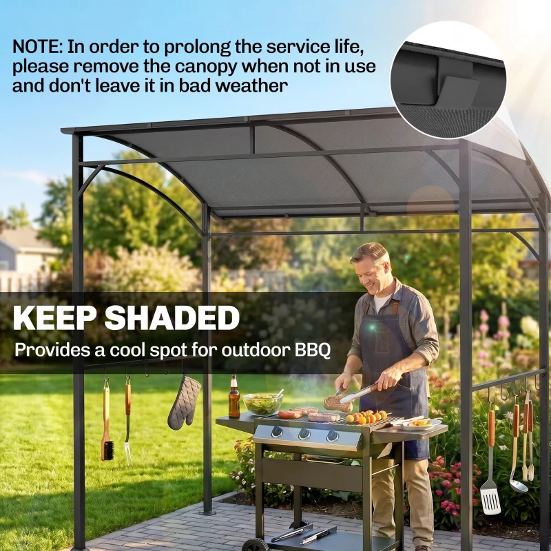Outsunny 7' x 5' Garden Grill Canopy, BBQ Grill Gazebo Tent with Steel Frame and Hooks, Outdoor Sun Shade, Charcoal Grey