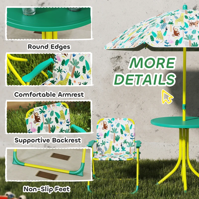Qaba Kids Picnic Table, Kids Table and Chair Set with 2 Folding Chairs and Umbrella for Backyard, Garden, Patio, Green
