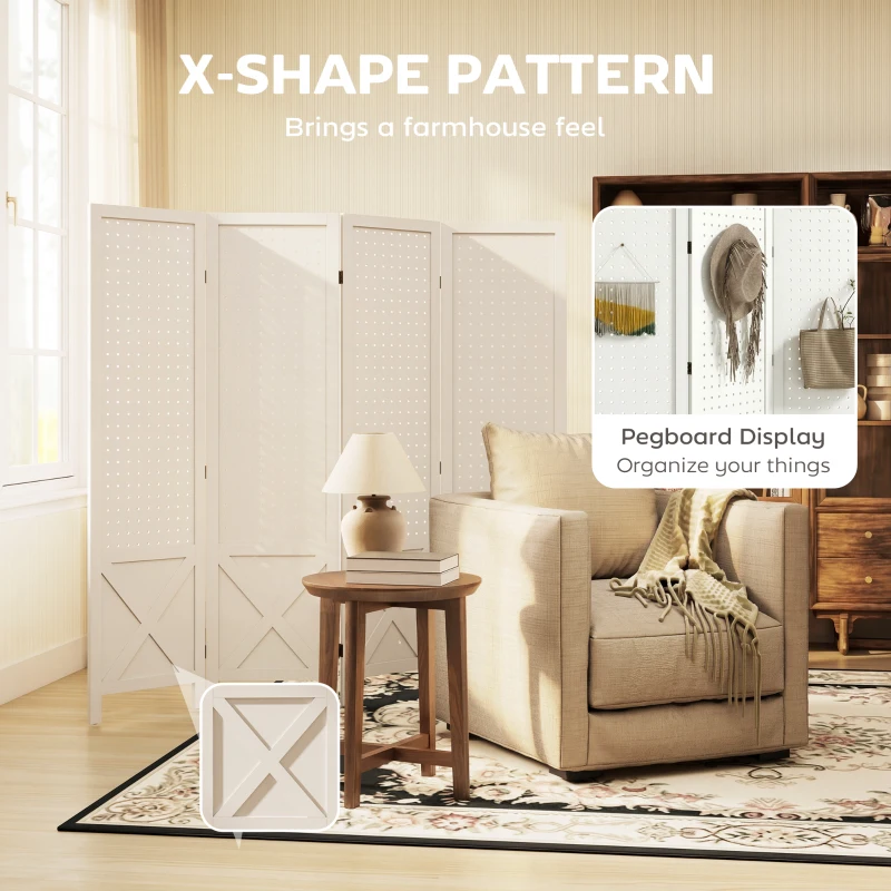 HOMCOM 56.9" 4 Panel Wooden Room Divider with Pegboard Display, Folding Privacy Screen for Home Office, White