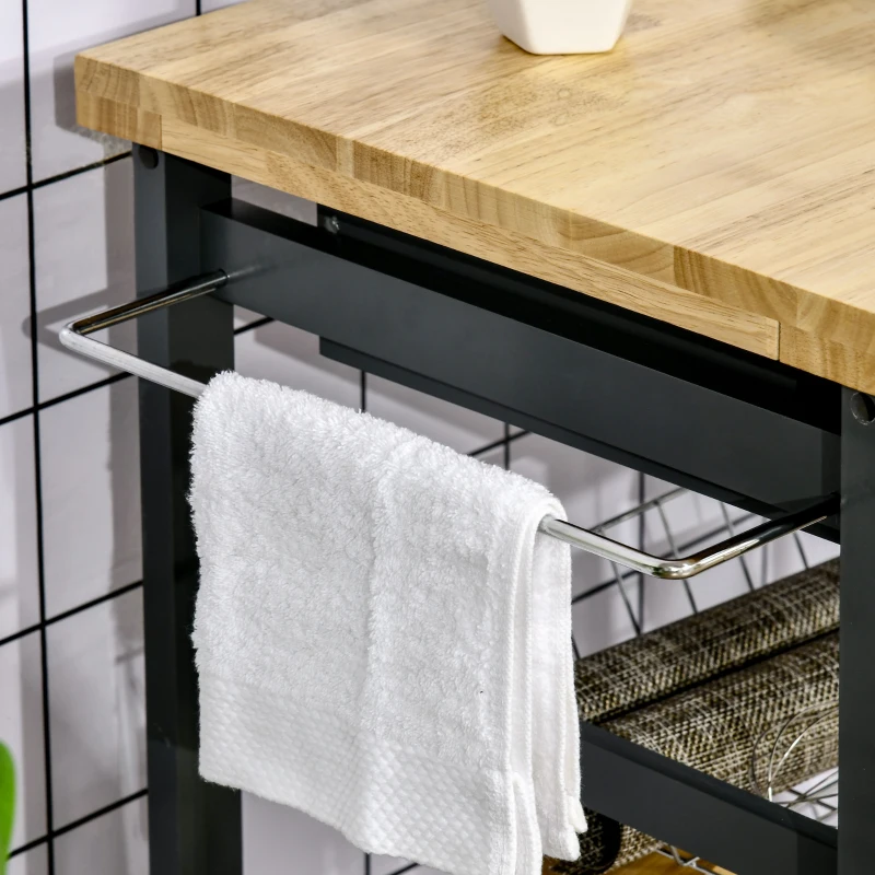 HOMCOM 3-Tier Kitchen Cart, Utility Cart with Solid Wood Top, Steel Basket, Rolling Kitchen Island with Drawer, Microwave Stand, Gray