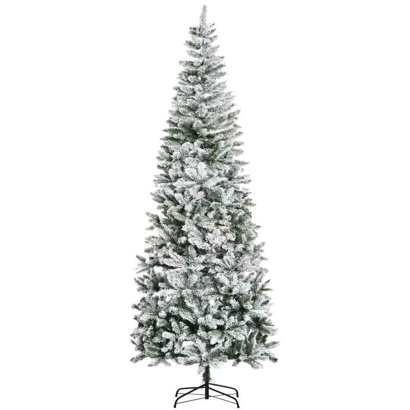 HOMCOM 9ft Unlit Snow-Flocked Slim Pine Artificial Christmas Tree with Realistic Branches and 1084 Tips