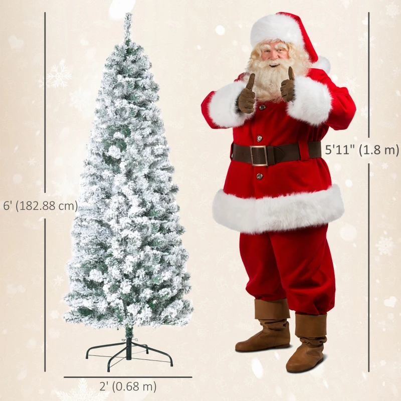 HOMCOM 6ft Prelit Artificial Pencil Christmas Tree, Snow Flocked Slim Xmas Tree with Warm White LED Lights - Green