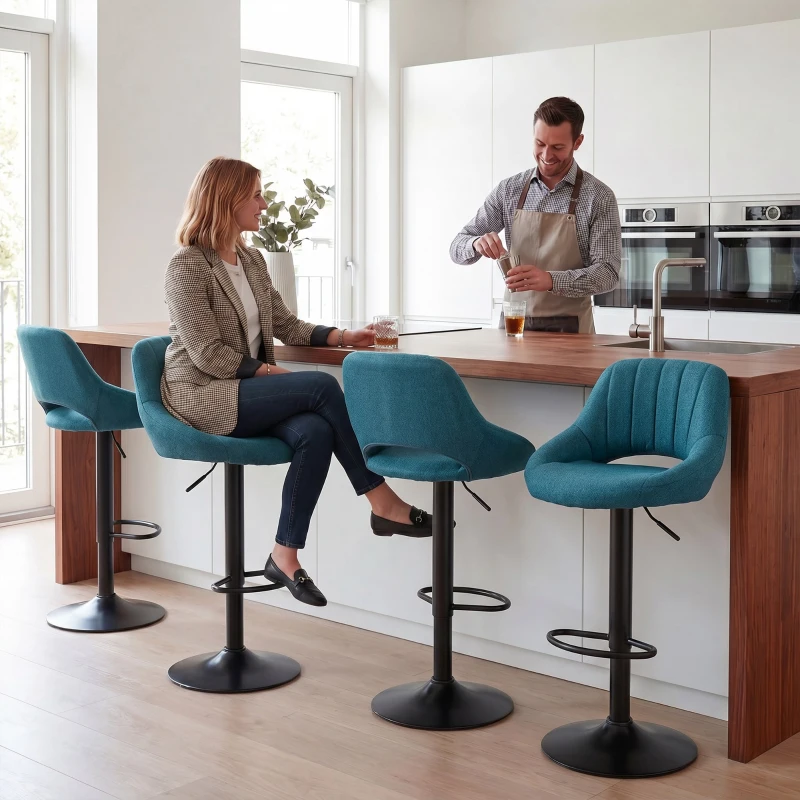 HOMCOM Bar Stools Set of 2, Swivel Bar Height Barstools Chairs with Adjustable Height, Round Heavy Metal Base, and Footrest, Blue