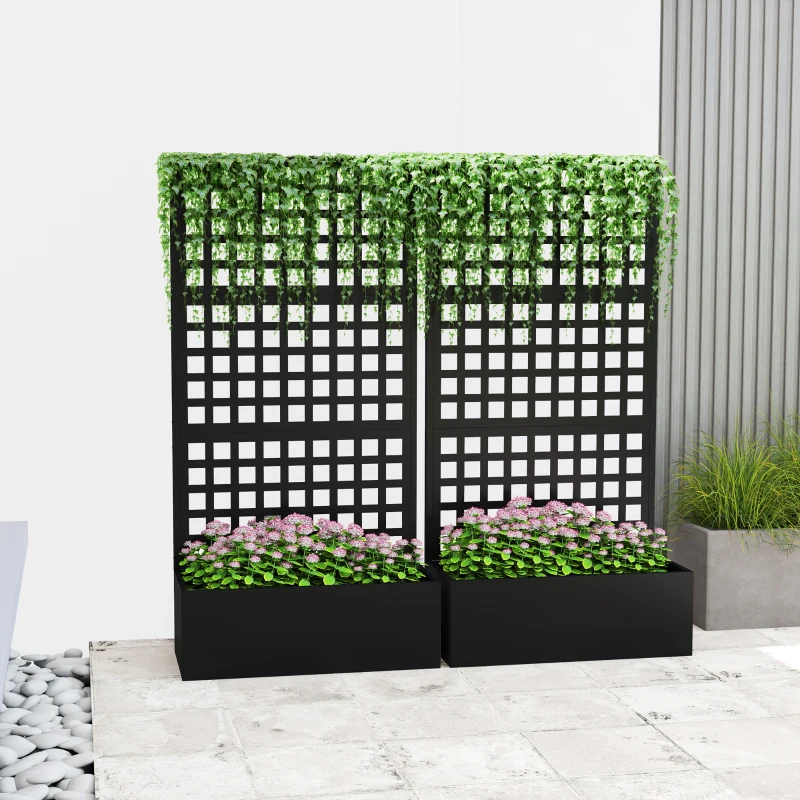 Outsunny Galvanized Raised Garden Bed Planter Box with Trellis for Climbing Plants, Vegetable, Vines, 35" x 16" x 70", Black