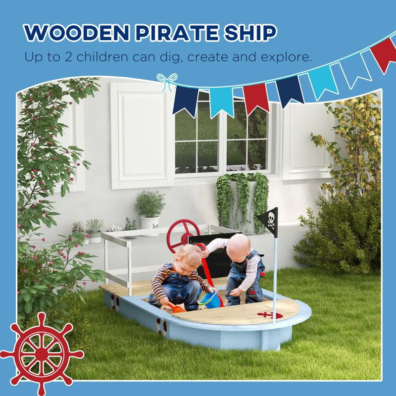 Outsunny Wooden Sandbox with Pirate Ship Design for 3-7 Years, Blue