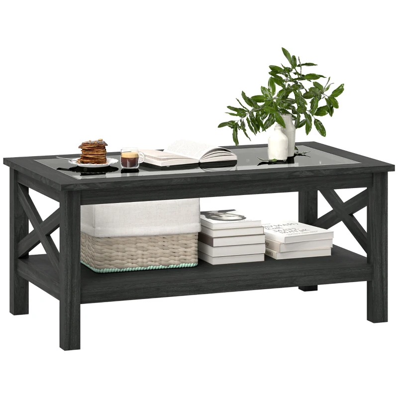HOMCOM Coffee Table with Tempered Glass Tabletop, Living Room Table with Wood Frame and Underneath Storage Shelf, Black