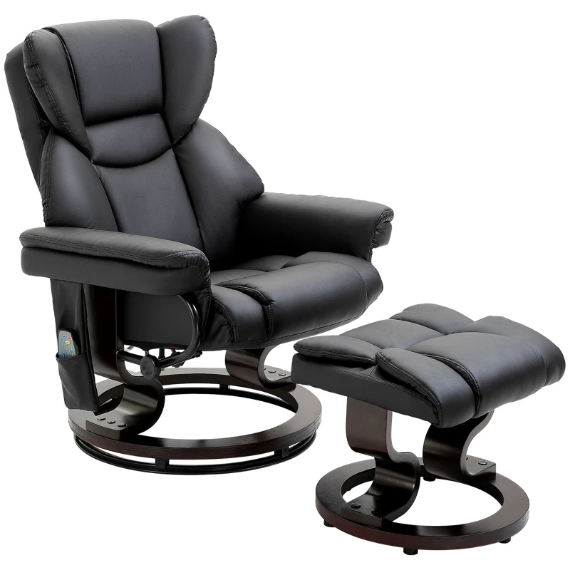 HOMCOM Massage Recliner Chair with Ottoman Footrest, 10 Vibration Points, 360° Swivel Reclining Chair, Faux Leather Living Room Chair with Side Pocket and Remote Control, Black