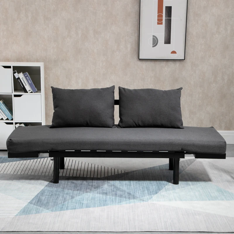 HOMCOM Single Person Chaise Lounger, Modern Sofa Bed with 5 Adjustable Positions, 2 Large Pillows, and Birch Legs, Charcoal Grey