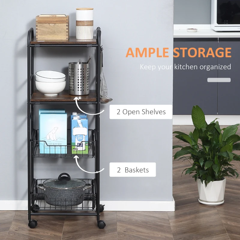 HOMCOM Kitchen Cart with Storage, 16"W Slim Rolling Cart, 4 Tier Kitchen Shelves on Wheels with Side Racks, 2 Basket for Fruit Vegetable, Utility Cart for Narrow Space, Laundry, Rustic Brown