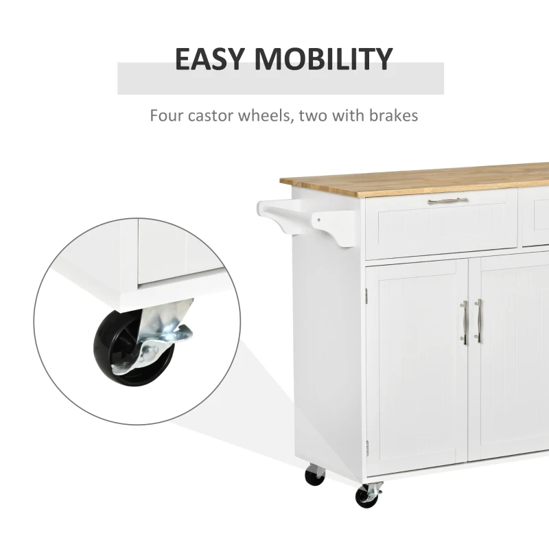 HOMCOM 48" Kitchen Island with Storage and Solid Wood Top, Rolling Kitchen Cart on Wheels with 2 Storage Drawers, 3 Doors and Towel Rack for Dining Room, White