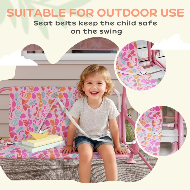Qaba Kids Patio Swing, 2-Seater Outdoor Porch Swing with Safety Belt and Adjustable Canopy for Backyard Garden, Pink