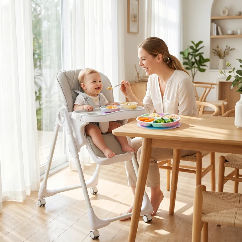 Qaba High Chair with Wheels, Double Tray, Foldable Baby Seat with Adjustable Seat Height, Backrest, Footrest and Tray, Grey