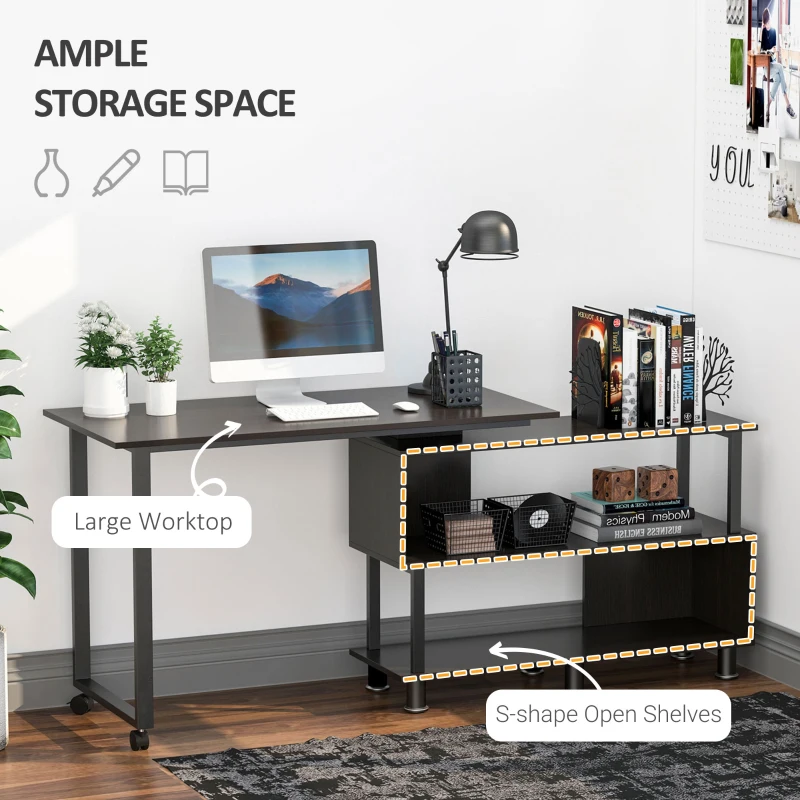 HOMCOM Mobile L-Shaped Rotating Computer Desk with Storage Shelves Moveable Rolling Writing Table Home Office Study Workstation for Home Office, Coffee