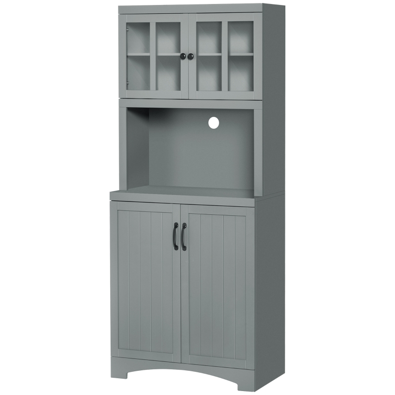 HOMCOM Storage Cabinet with Adjustable Shelves and Microwave Space, 70" Pantry Cabinet with Glass Framed Door, Gray