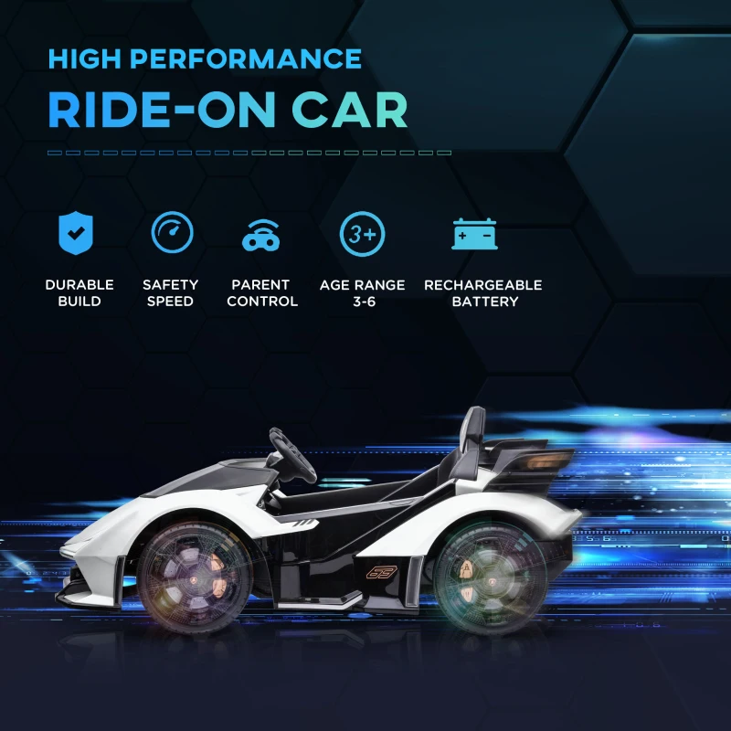 Aosom 12V Electric Ride-on Car, Licensed Lamborghini V12 Vision Gran Turismo Battery-Powered Ride-on Toy with Remote Control, Music, LED Lights, for 3-6 Year Old Boys and Girls, White