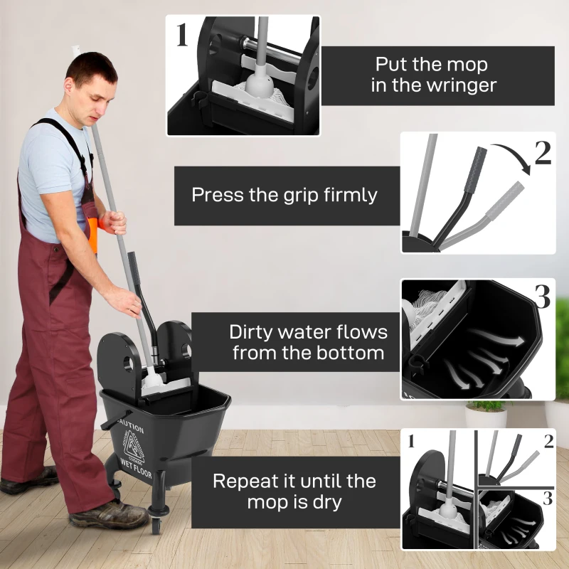 HOMCOM Mop Bucket with Wringer on Wheels for Floor Cleaning, 27.5 Quart Down Press Wringer with Handle and Mop, Black