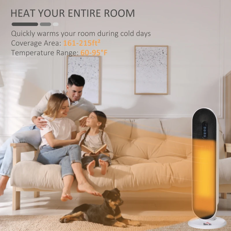 HOMCOM Oscillating Ceramic Tower Indoor Space Heater for Home, Adjustable Thermostat, 24H Timer & Remote Control, Tip-Over and Overheating Safety Protection, 25 Inches, 1500W/1000W