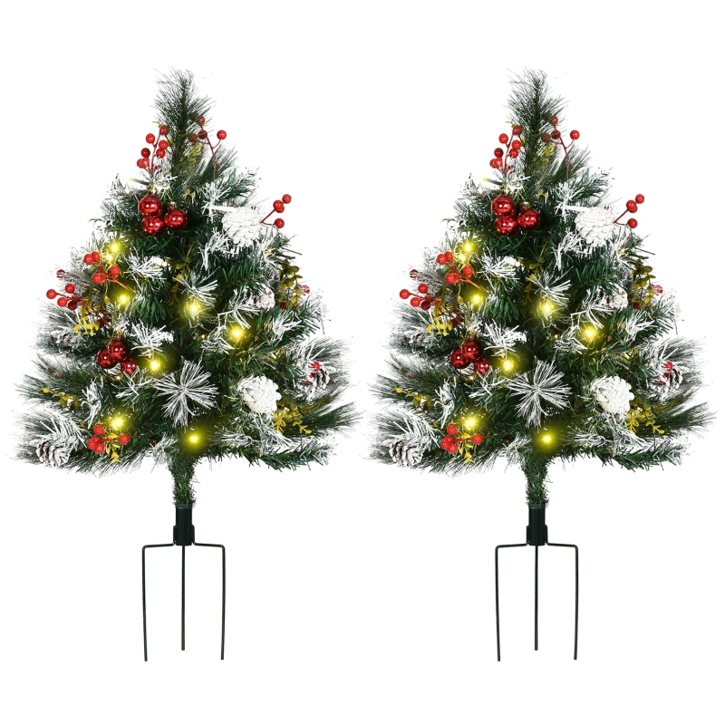 HOMCOM 2 Foot/23 inch 2 Pack Prelit Artificial Christmas Tree Cordless with 70 Branches, Warm White LED lights, Red Berries, Pine Cones, Balls, for Outdoor Entryway, Green