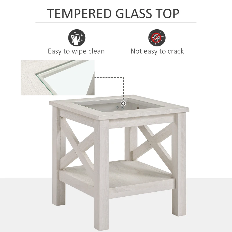 HOMCOM Coffee Table with Tempered Glass Tabletop, Living Room Table with Wood Frame and Underneath Storage Shelf, White Oak