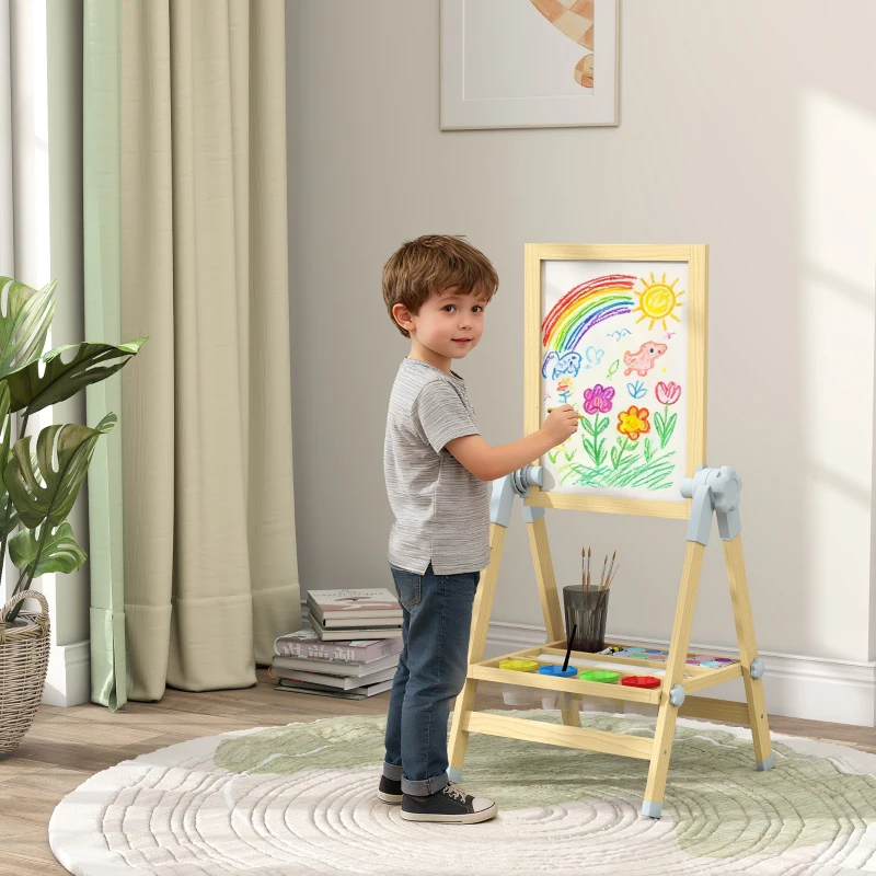 Qaba Wooden Art Easel, Double Sided Kids Easel with Height Adjustable Chalkboard and Magnetic Whiteboard, Natural