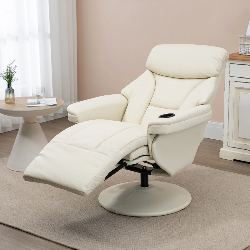 HOMCOM Manual Recliner, Swivel Lounge Armchair with Side Pocket, Footrest and Cup Holder, Cream White
