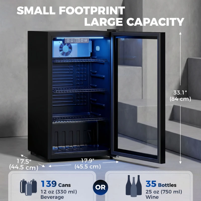HOMCOM 3.2 Cu.Ft Beverage Refrigerator, 139 Can Beverage Fridge Cooler with Double-Layer Glass Door