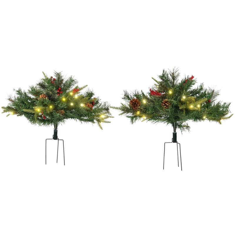 HOMCOM 2 Ft/22 inch 2 Pack Prelit Artificial Christmas Tree Cordless with 69 Branches, Warm White LED Lights, Red Berries, Pine Cones, for Outdoor Entryway, Green