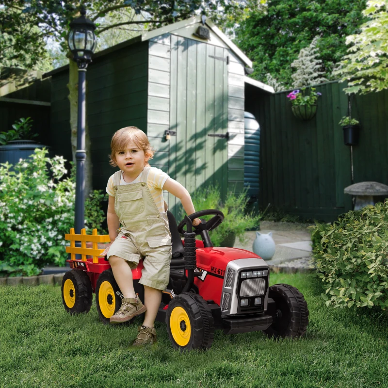 Aosom 12V Electric Ride on Tractor with Trailer, 25W Dual Motors, Red(m-10)