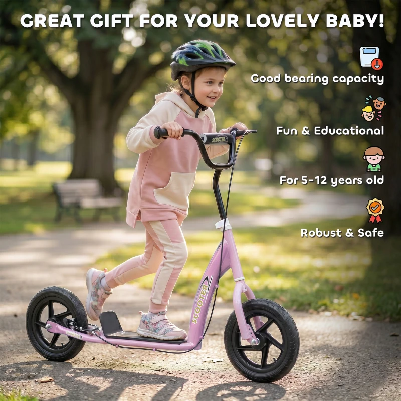 HOMCOM Kids Scooter with 12" EVA Big Tires, Street Bike Bicycle for Teens with Adjustable Height Handle for 5-12 Year Old, Pink