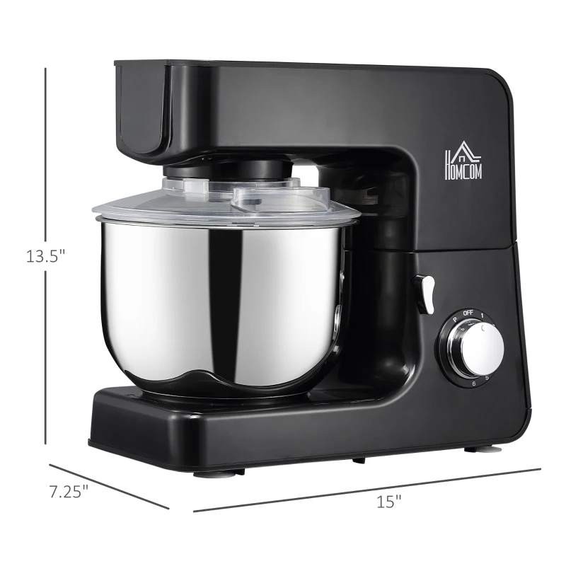 HOMCOM 6 Qt Stand Mixer with 6+1P Speed, 600W and Tilt Head, Kitchen Electric Mixer with Stainless Steel Beater, Dough Hook and Whisk for Baking Bread, Cakes and Cookies, Black